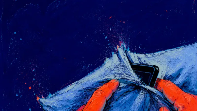 Night Watch Reflex Two fingers keep lifting a pillow fold to recheck a phone jammed inside it, capturing night-time hyp