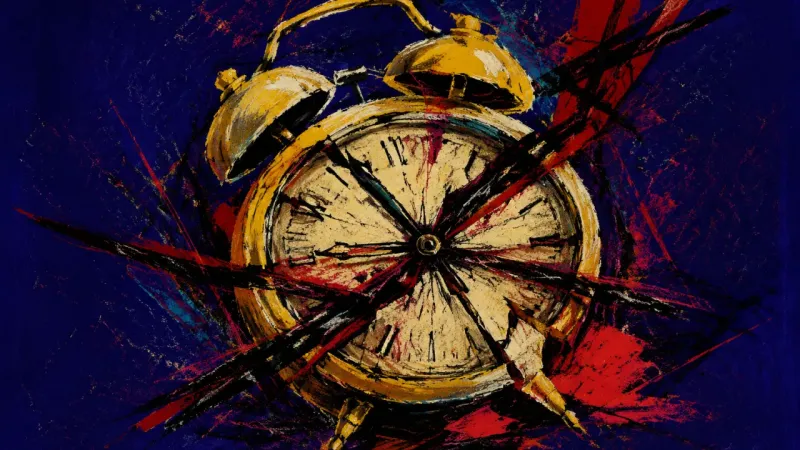 Seized Hour An alarm clock warped and tangled by chaotic lines, representing sleepless caregiver hypervigilance