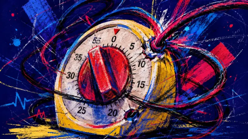 Overwound Choice A distorted timer tangled in looping marks, symbolizing deadline-driven choice paralysis and the fea