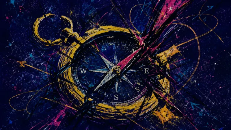 Broken Bearing A warped compass trapped in tangled directional marks, symbolizing perfectionism and approval-seek