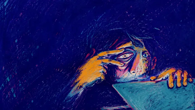 Two fingers pull one eyelid open above a half-closed laptop, showing forced wakefulness and high‑f1n