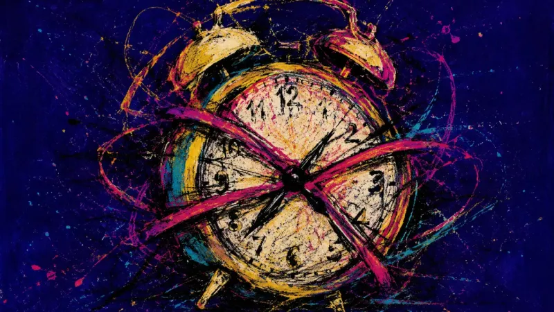 A distorted alarm clock bound by chaotic pressure, representing burnout, blocked rest, and life stuc