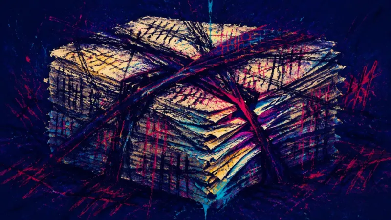 Weight of Record A document stack crushed into chaotic layers, showing paperwork dread, avoidance, and fear that the