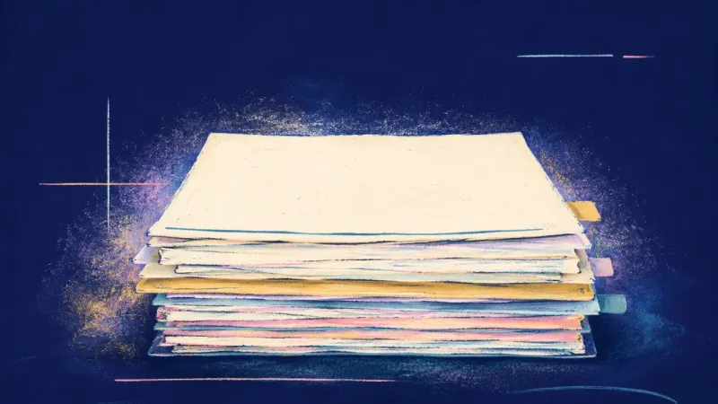 Fair Order A document stack restored to clear layers and steady order, showing a manageable routine, grounded у