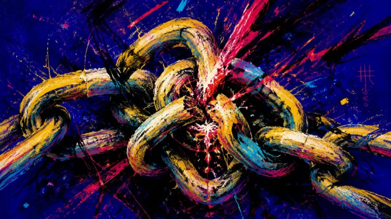 Choked Chain An abstract chain pulled into a choking knot, representing read-receipt panic, compulsive checking,.