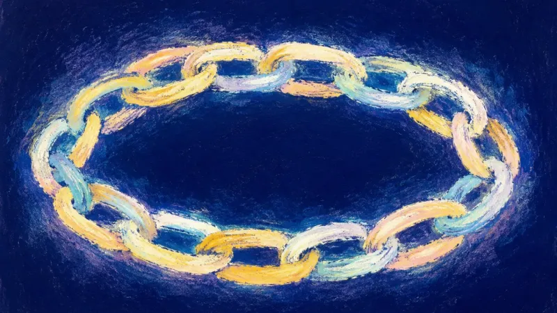Released Chain An abstract chain opened into an even flowing loop, representing self-trust, boundaries, and calmer.