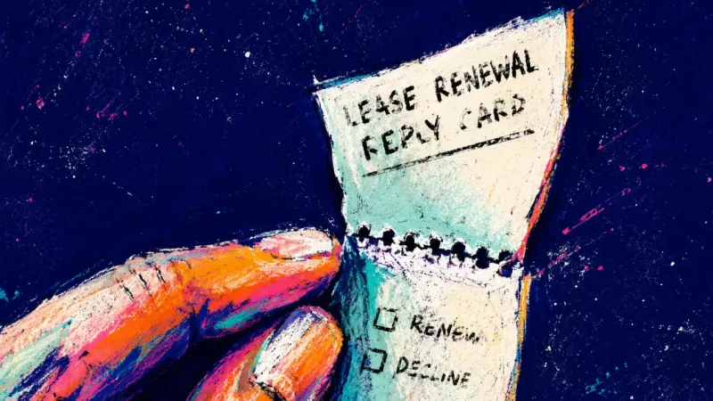 Held at the Perforation Two fingertips tear a lease renewal card only halfway from its perforated edge, reflecting deadline‑