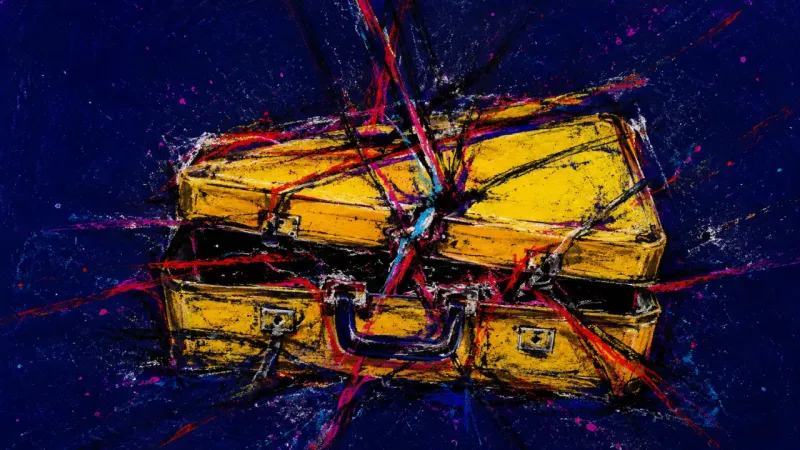 Burden of Both A distorted suitcase trapped in crushing lines, representing deadline paralysis and the stress of
