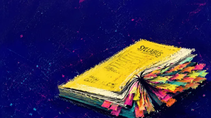 Prepared, Not Begun A closed syllabus packet crowded with re-stuck page flags, showing the urge to over-organize instead