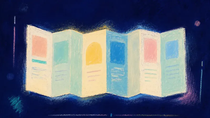 Map, Not Verdict An abstract brochure-like form reopened into clear panels, expressing workable focus, order, and ste