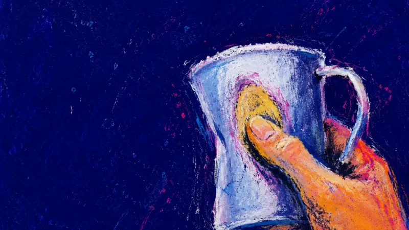 Before the Answer A thumb rubs the same patch on a mug during family questions about work, suggesting the strain of fr