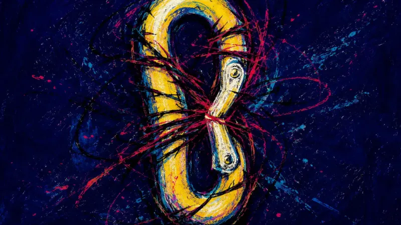 Jammed Gate A warped carabiner trapped in looping pressure lines, representing attachment compulsion, overthinki