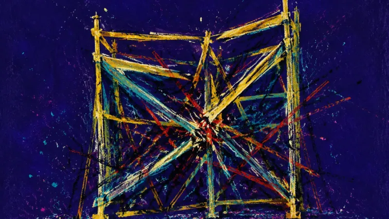 Choked Framework A warped scaffold trapped in tangled lines, representing decision paralysis and the fear that love