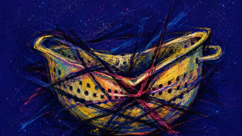 Strained Into Static A warped colander compressed by chaotic marks, representing workplace fear, self-censorship, and th