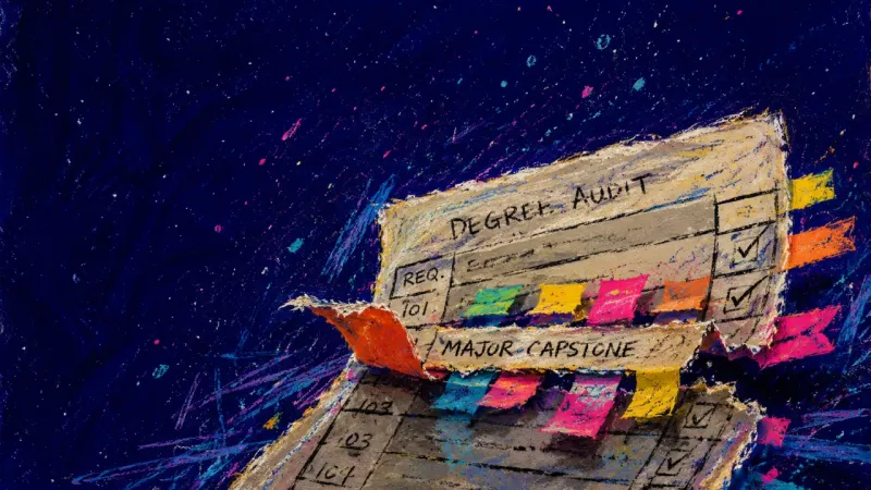 The Audit Scar A degree-audit page layered with restuck tabs and a torn requirement row, symbolizing choice paralys