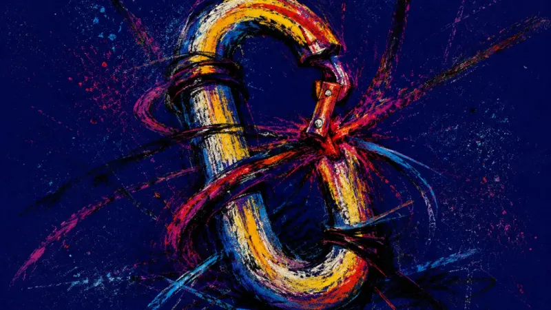 Open Under Siege An abstract carabiner twisted open and tangled tight, representing academic choice paralysis and p.