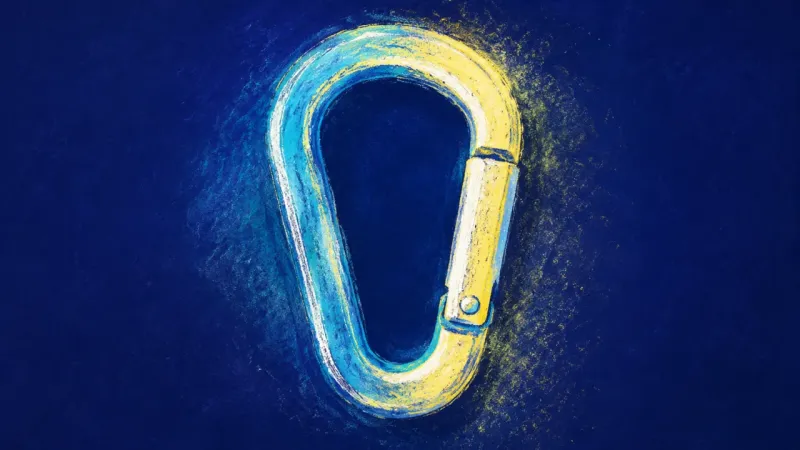 Clean Closure An abstract carabiner returned to clear closure, representing a grounded course plan shaped by firm.