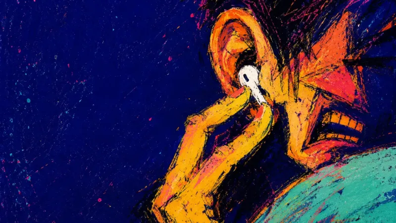 The Listening Flinch A tense hand holds a single earbud halfway into a tight ear and jaw, symbolizing the dread of always