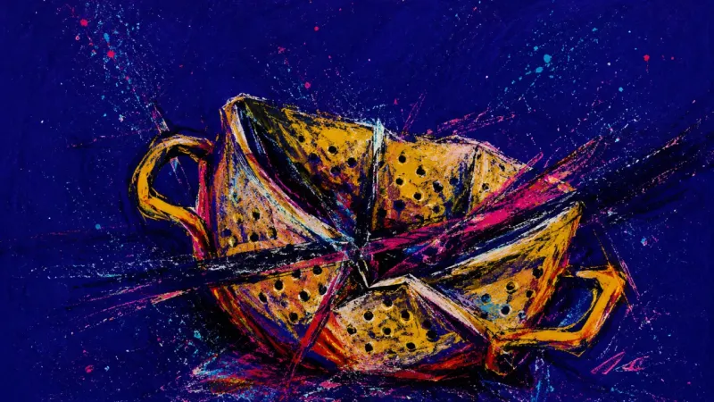 Blocked Channel A crushed colander tangled into a blocked form, representing communication overload, guilt, and the
