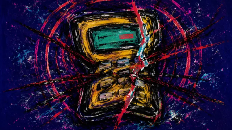 A warped pager overwhelmed by chaotic marks, representing guilt-driven over-responsibility and the