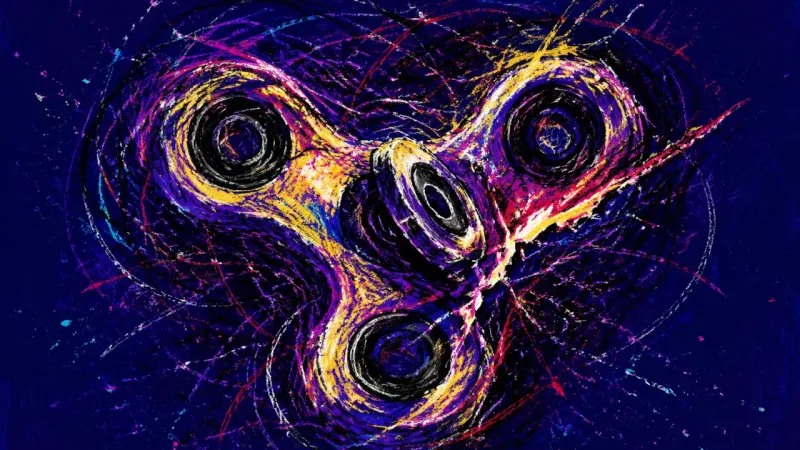 Off-Axis Spin A warped three-lobed spinner tangled in restless marks, representing Sunday-night burnout andmental
