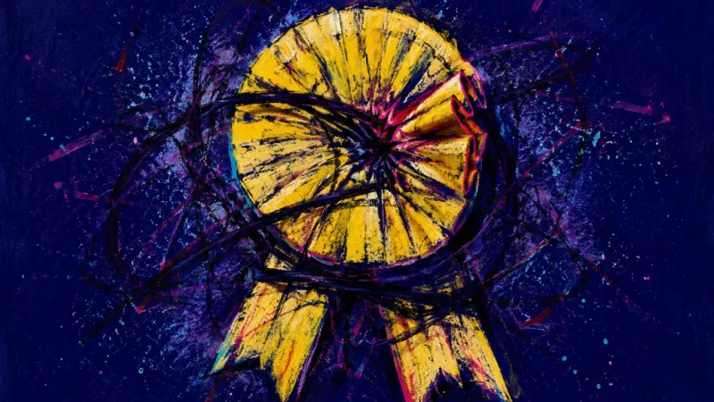 Collapsed Distinction A crushed rosette tangled in chaotic marks, representing achievement emptiness and the pressure to