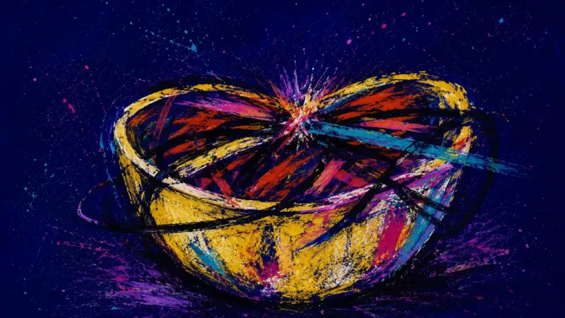 Collapsed Containment A warped bowl choked with tangled lines, expressing bedtime overwhelm and the fear that small clut