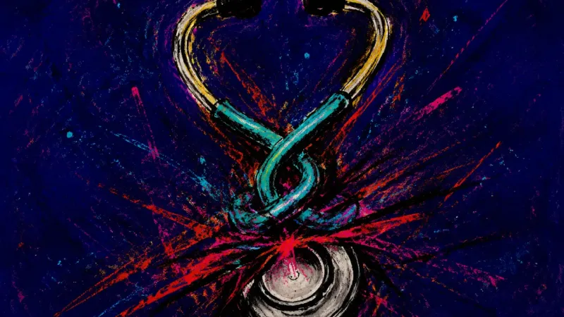 Choked Signal A stethoscope twisted into a choking knot, representing attachment panic, compulsive checking, and