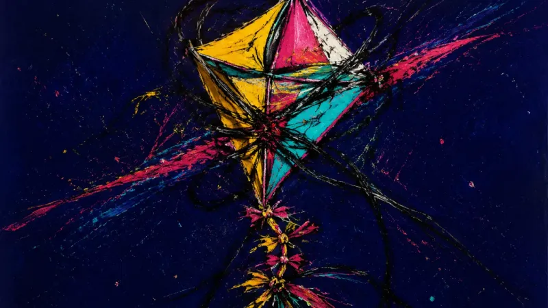 Choked Ascent A kite buckled and strangled by tangled lines, representing perfectionism, visibility paralysis, and
