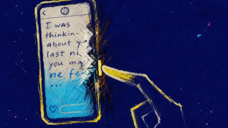 The Unsent Blink A tense finger keeps turning a dating-app draft on and off with the side button instead of sending i