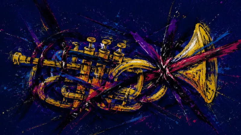 Choked Call A distorted trumpet bound by chaotic lines, representing dating-text perfectionism, fear of judgmen
