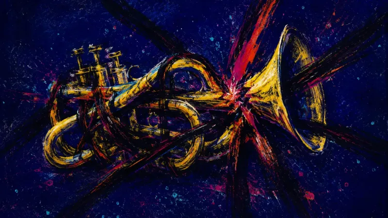Choked Signal A warped trumpet trapped in chaotic lines, reflecting workplace overthinking, defensiveness, and fea