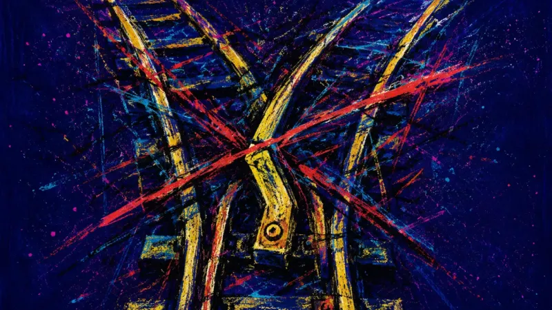 Routes at War A track switch jammed between routes and choked by crossing lines, expressing career indecision,