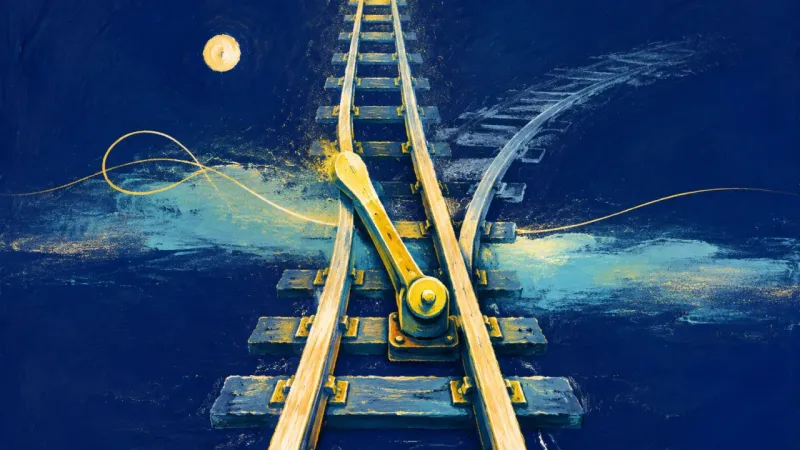 Chosen Line A track switch set cleanly to one route, expressing calm self-trust, clear criteria, and steady आगे