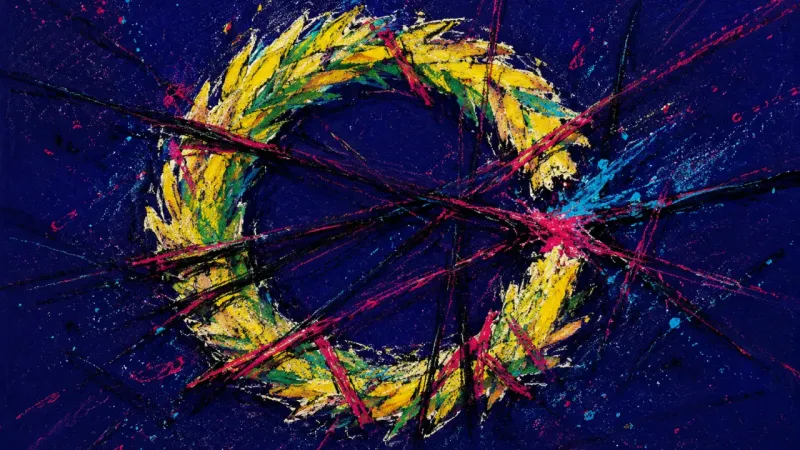 Fractured Loop A wreath forced open and trapped in crossing marks, representing holiday boundary dread, self-sil