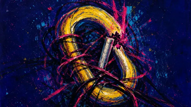Jammed Gate A warped carabiner trapped in chaotic loops, representing decision paralysis, deadline pressure, and
