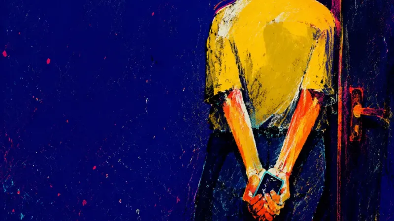 A cropped back pressed to a closed door while both hands hide a phone against the thighs, reflecting