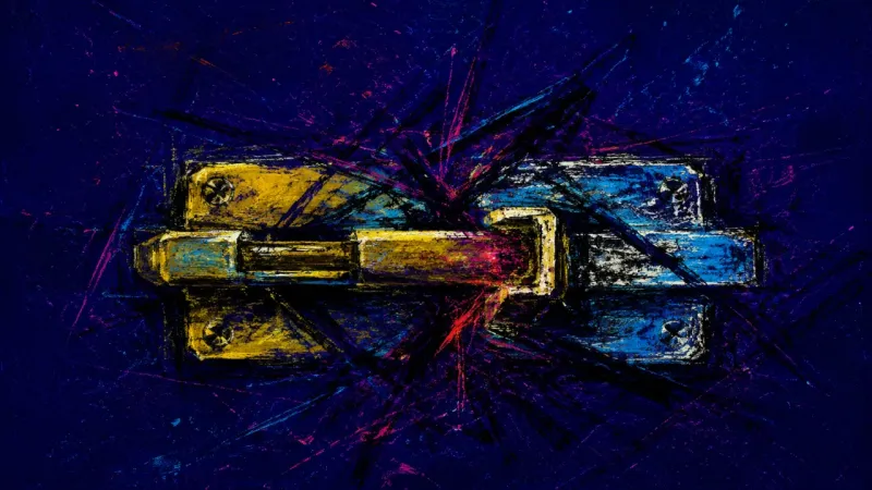 An abstract latch warped and jammed by chaotic pressure, representing betrayal, overthinking, and