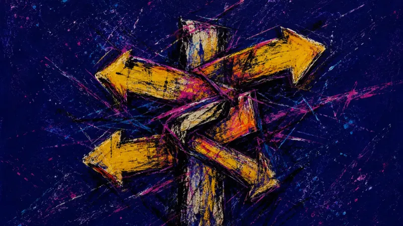 Broken Bearings A bent signpost tangled into unreadable directions, representing the pressure of treating a LinkedIn