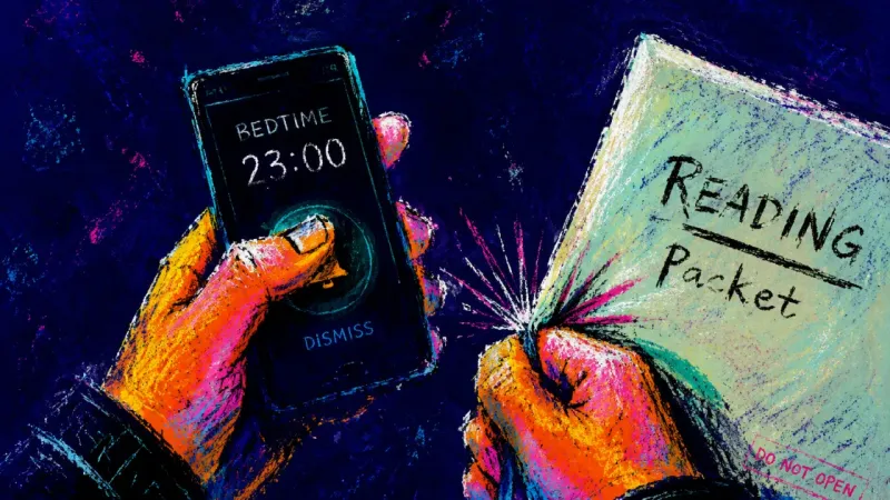 Borrowed Midnight A thumb holds a bedtime alarm halfway to dismissal while an unopened reading packet buckles, showing