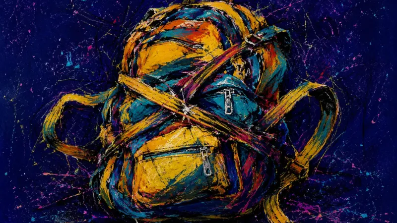 Crushed Carry A backpack distorted by tangled pressure, representing student overload, control spirals, and a week
