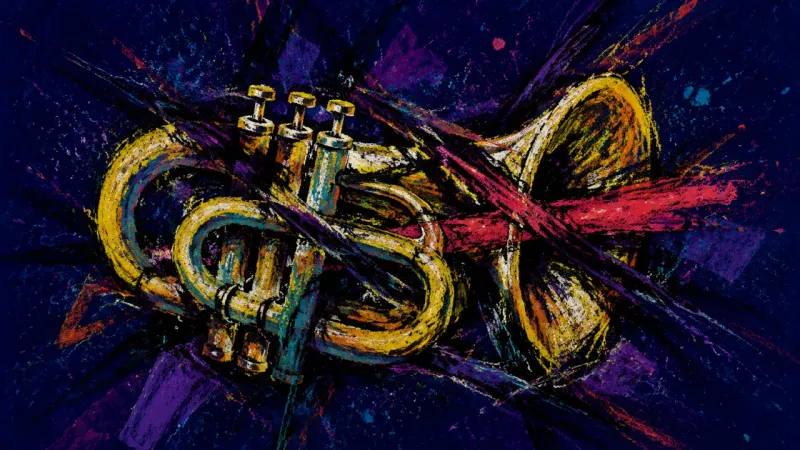Choked Signal A distorted trumpet bound by chaotic lines, expressing pre-submit perfectionism, pressure, and fear