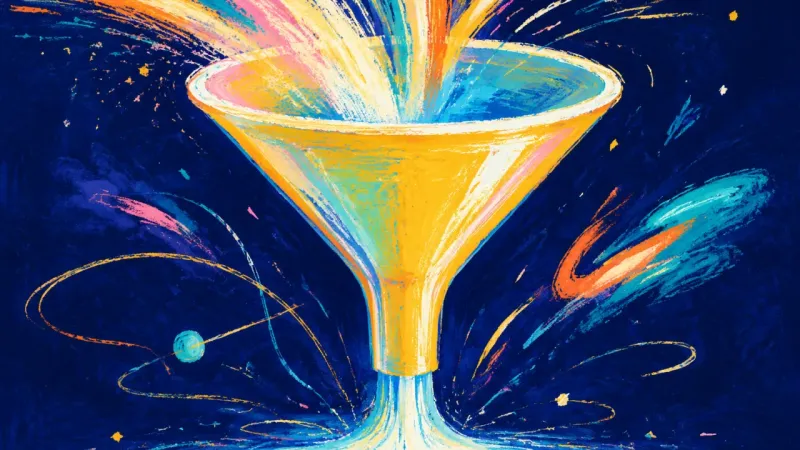 Restored Flow An abstract funnel restored to an open, balanced form, representing small steady action, clearer,