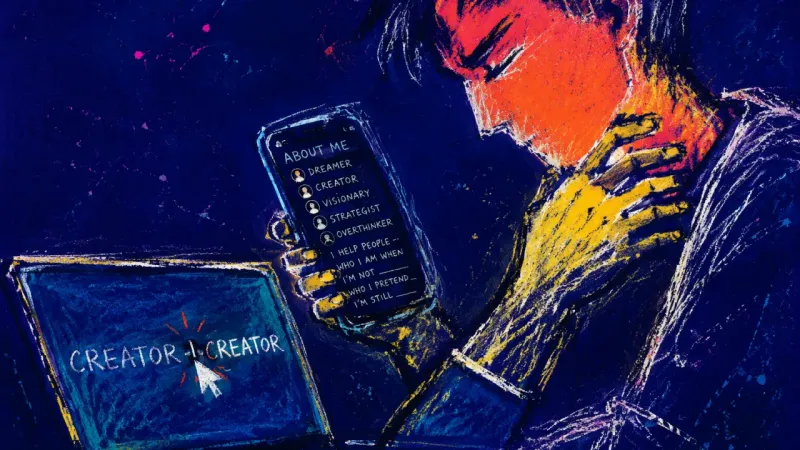 The Unsaved Line A cropped body presses at the throat over an open laptop while a phone showing other profiles echoes