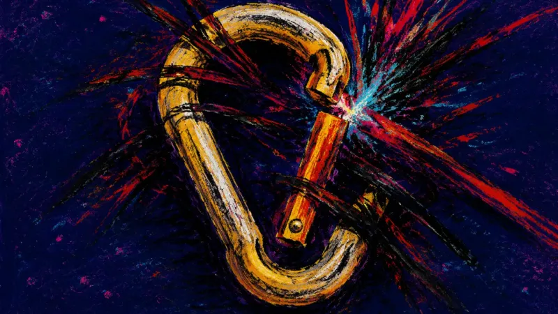 Pried Open A distorted carabiner trapped in tangled pressure, symbolizing guilt, overthinking, and fear of sayi