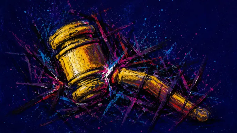 Verdict Grip An abstract view of a distorted gavel under chaotic pressure, expressing overwork, insomnia, and fea