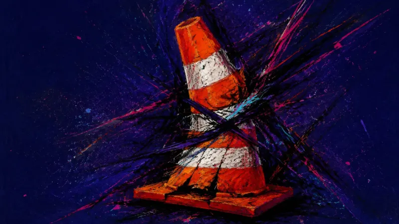 A distorted traffic cone tangled in harsh lines, representing boundary anxiety, social pressure, and