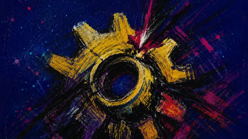 Seized Motion A warped gear trapped in chaotic marks, representing career shame, rumination, and paralysis after a