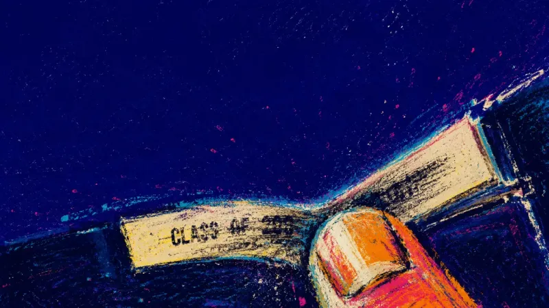 A thumb rubbing the same yearbook caption until the print blurs, symbolizing career anxiety fed by ￼