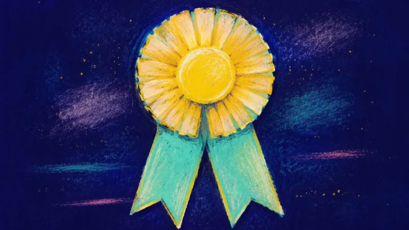 An award ribbon restored to balanced form, representing career growth guided by small actions, real
